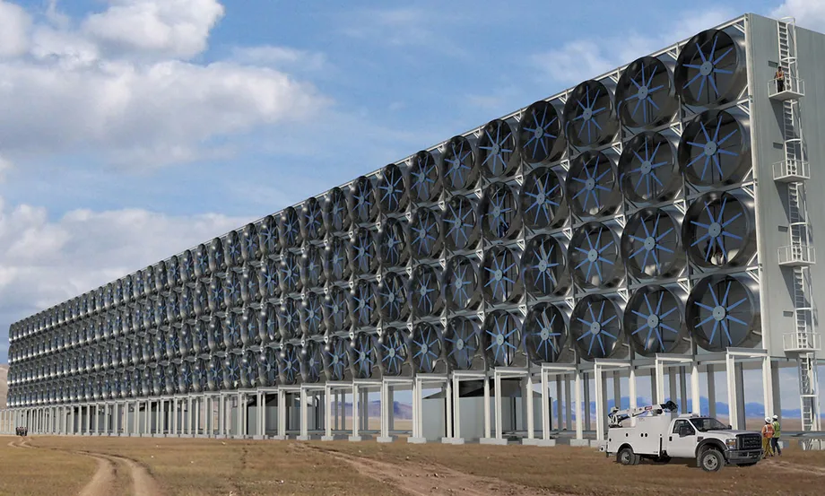 A direct air capture machine (or at least an artist&rsquo;s rendering). Carbon Engineering